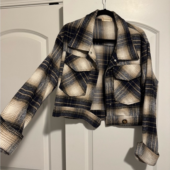 Altar'd State Jackets & Blazers - Plaid Cropped Jacket in Blue and Cream